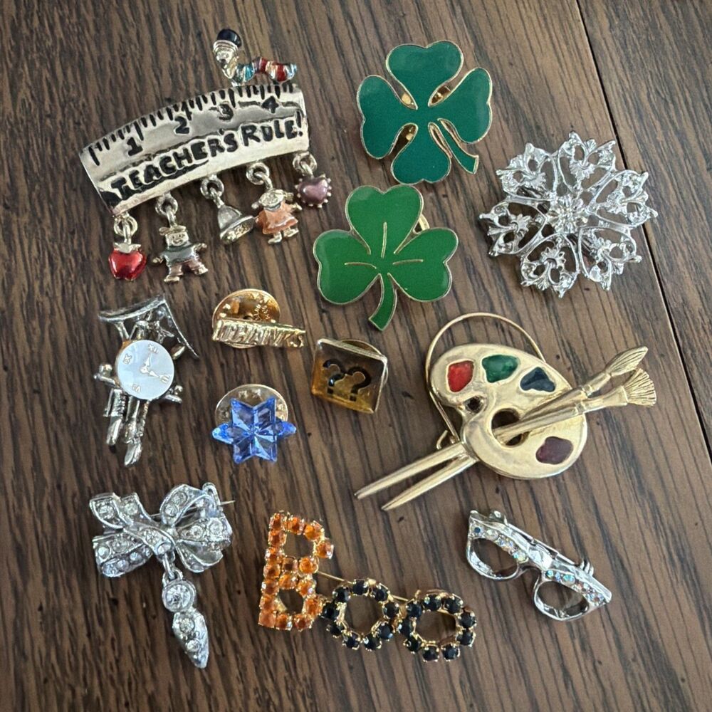 Vintage Lot Of 12 Pins & Brooches, Teacher, Halloween, Shamrock, Snowflake, Bow